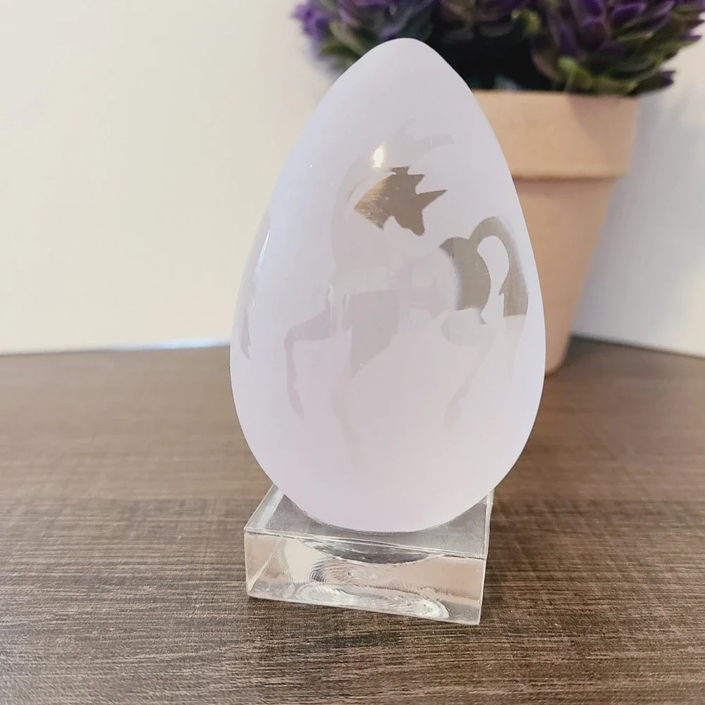 Frosted Glass Unicorn Etched Egg‎ Figurine with Clear Square Display Stand